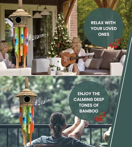 Two scenes: one with people relaxing outdoors by a guitar player, another with a person enjoying bamboo tones.