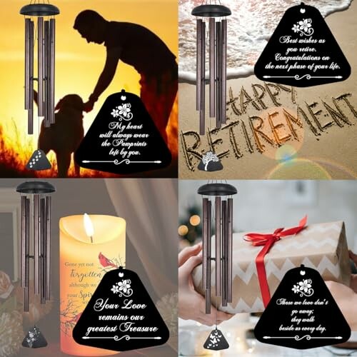 Collage of retirement-themed wind chimes and gifts.