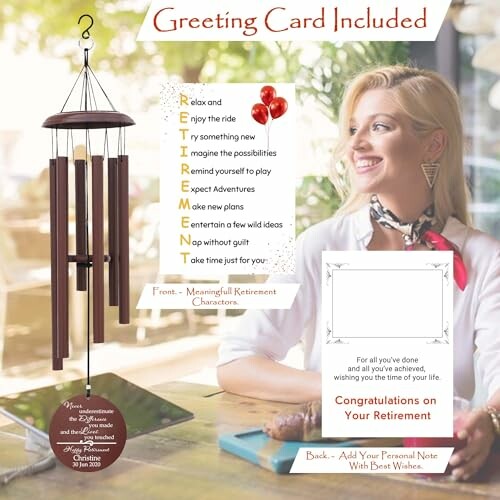 Greeting card with wind chime and retirement message.