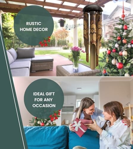 Wind chime and Christmas tree in rustic home decor, two women exchanging gifts on a sofa.