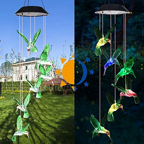 A solar hummingbird wind chime with daytime and nighttime view