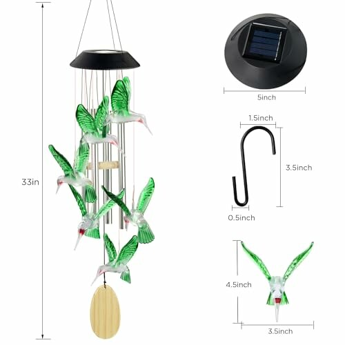 Solar powered hummingbird wind chime with dimensions