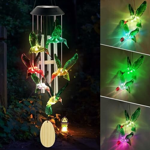 Solar-powered hummingbird wind chime with colorful LED lights.