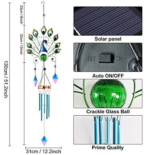 Peacock-themed solar wind chime with glass ball and metal tubes.