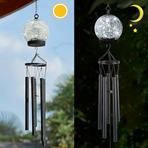 Solar wind chime with glowing orb in day and night settings.