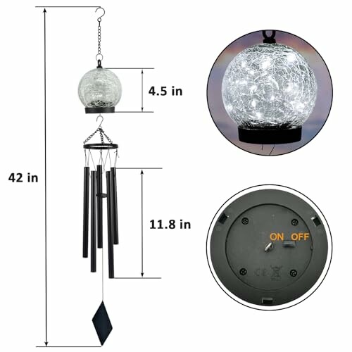 Solar wind chime with dimensions and lighting features.