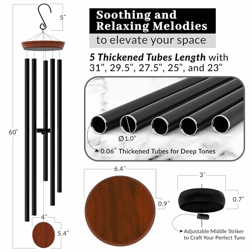 Wind chimes with five thickened tubes and adjustable middle striker for relaxing melodies.