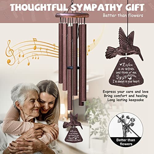 Thoughtful sympathy gift wind chime with heartfelt message, featuring a hummingbird and comforting imagery.