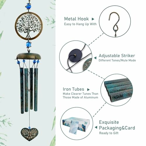 Wind chime with metal hook, adjustable striker, iron tubes, and packaging.