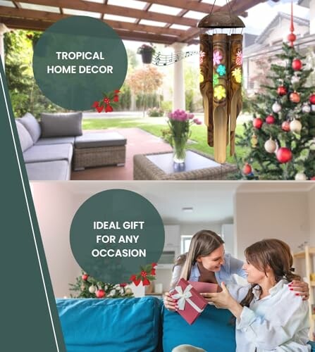 Tropical home decor with wind chimes and Christmas tree, ideal gift for any occasion.