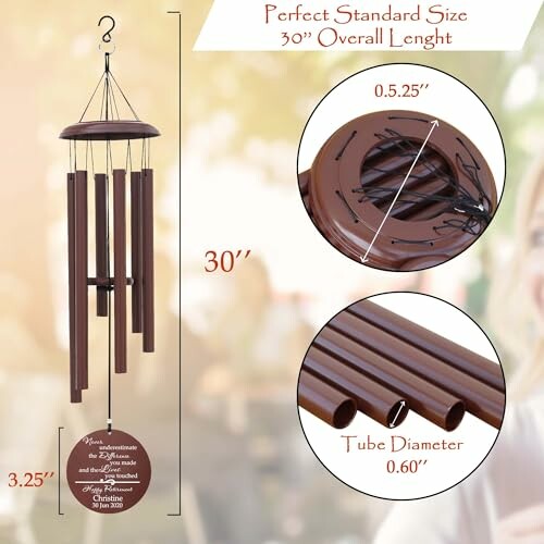 Brown wind chime with 30-inch length and tube diameter details.