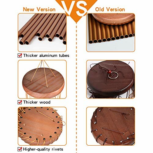 Comparison of new and old wind chime versions with thicker aluminum tubes, thicker wood, and higher-quality rivets.