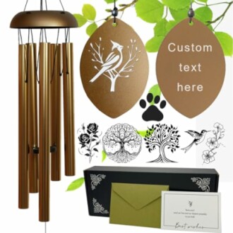 A beautifully crafted, customizable wind chime with decorative elements and gift box.