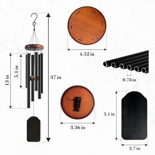 Wind chime with detailed dimensions and parts.