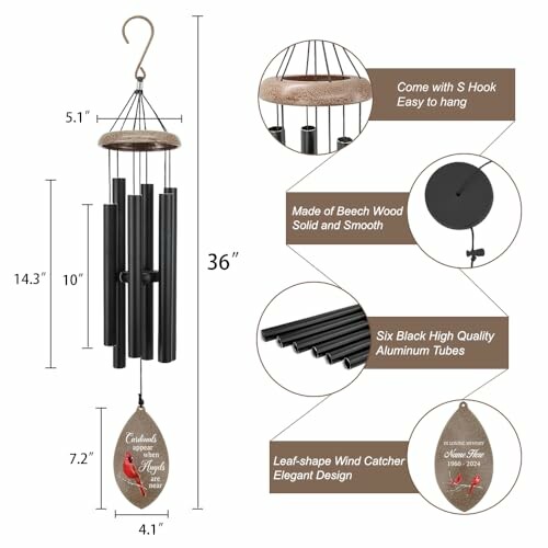 Wind chime with dimensions and features highlighted.