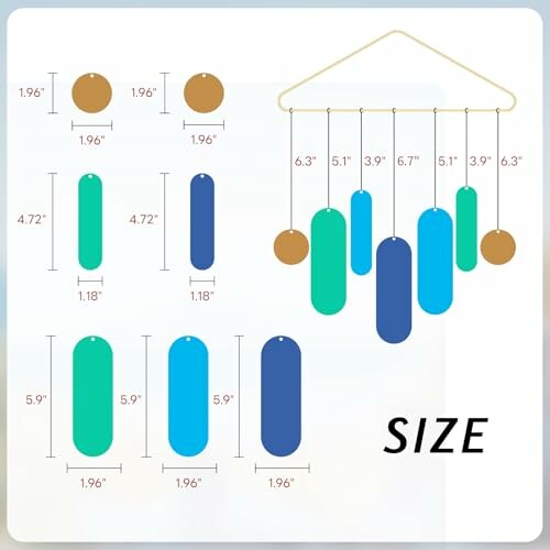 Wind chime dimensions and parts illustration.