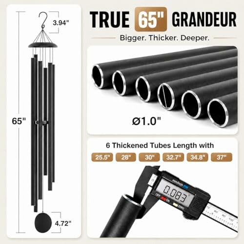 Diagram showing a 65-inch wind chime with six thickened tubes and measurements.