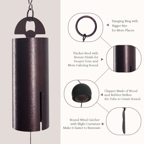 Wind chime with detailed features including hanging ring, thicker steel tube, clapper, and round wind catcher.