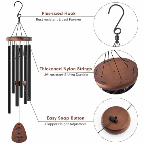 Wind chime with hook, nylon strings, and adjustable snap button.