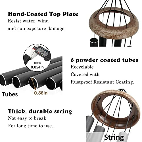 Wind chime features including hand-coated top plate, powder coated tubes, and durable string.