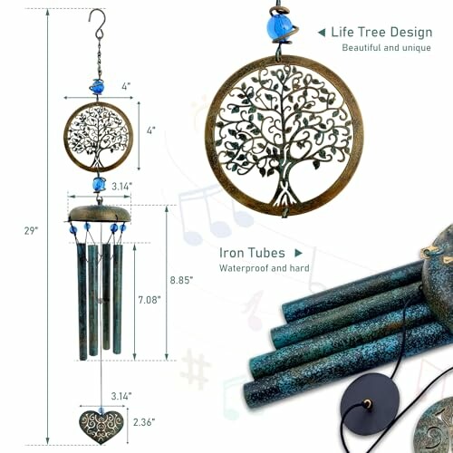 Wind chime with life tree design and iron tubes.