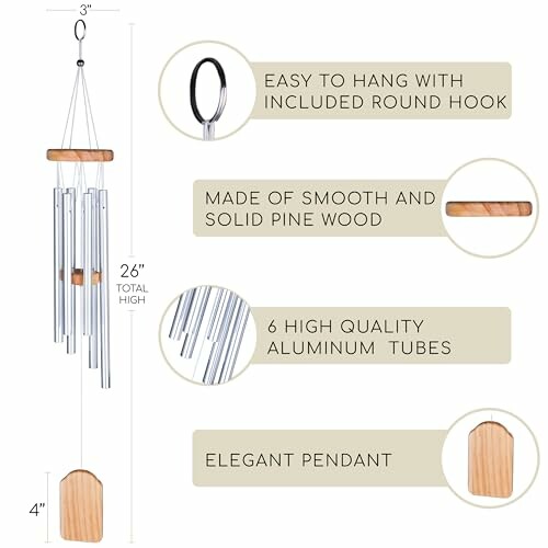 Wind chime with pine wood and aluminum tubes, easy to hang.