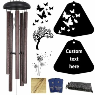 Wind chimes with decorative butterfly and tree designs, customizable text option.