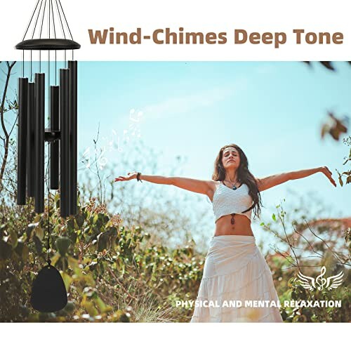 Woman in nature with wind chimes, promoting relaxation.