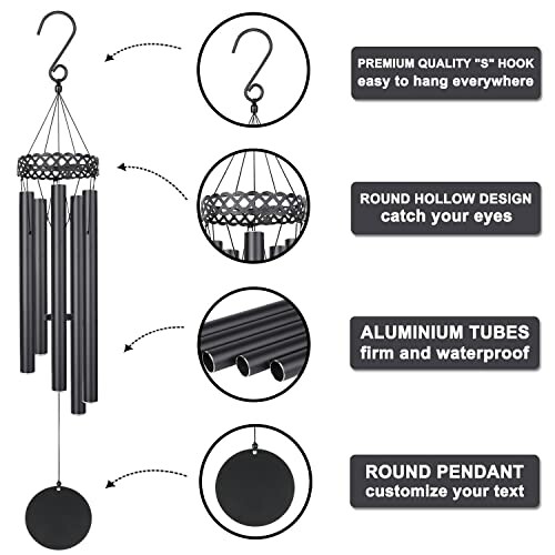 Wind chimes with S hook, round hollow design, aluminum tubes, and round pendant.