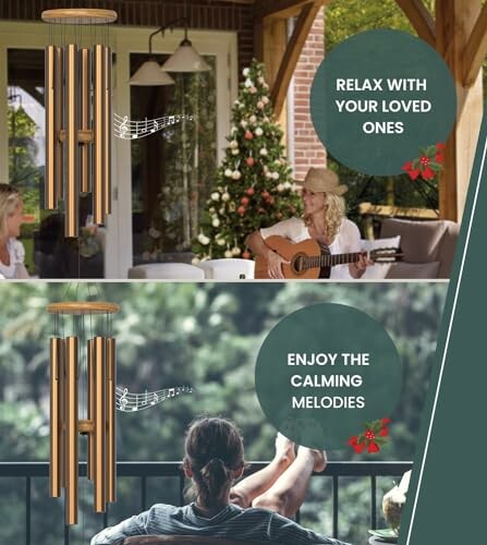 Two images showing people relaxing with wind chimes and enjoying music.