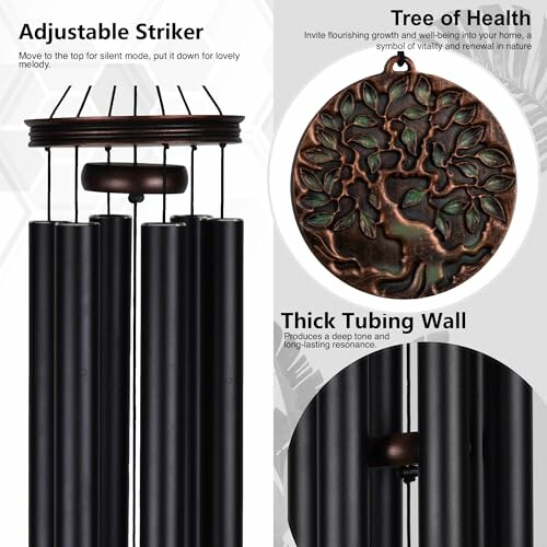 Wind chimes with adjustable striker, thick tubing wall, and tree of health design