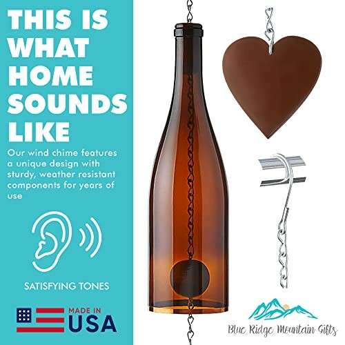 Wind chime made from a wine bottle with heart-shaped clapper.