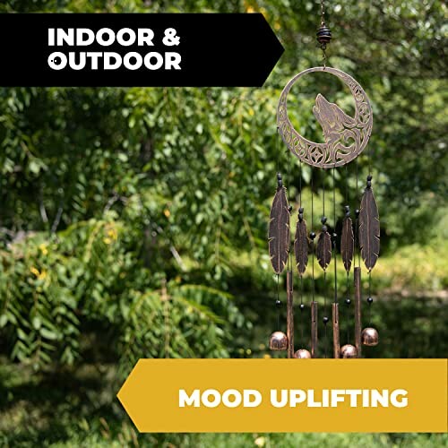 A wolf wind chime hanging outdoors with a mood uplifting message, adding a touch of positivity to the atmosphere.