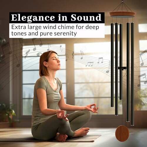 Woman meditating near large wind chime with musical notes.