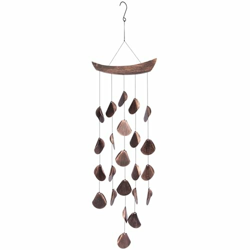 Wooden wind chime with hanging discs.