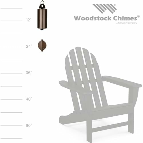 Woodstock Chimes wind chime with size chart and chair silhouette.